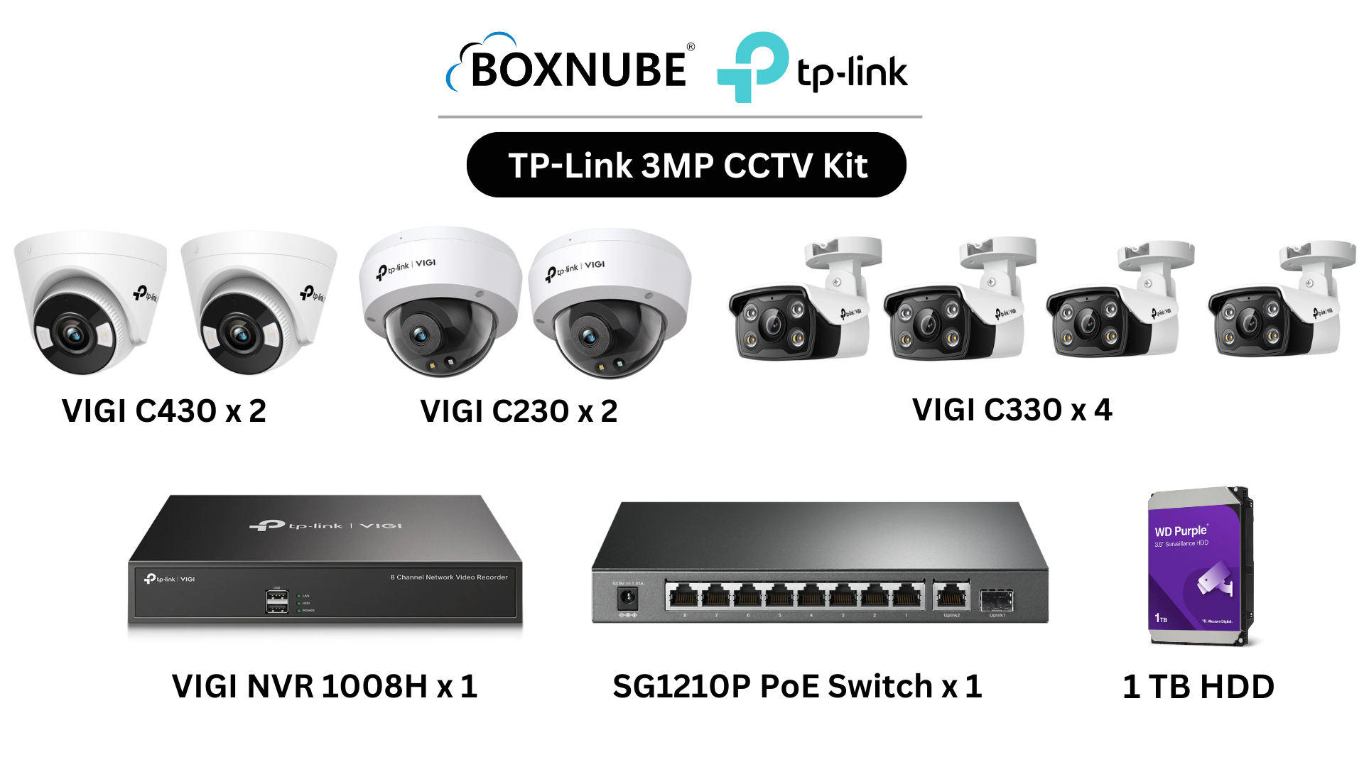 TP-Link VIGI 3MP Full HD 8 Camera Kit Bundle | 4x C330 Bullet, 2x C430 Turret, 2x C230 Dome, 8 Channel NVR, 8 Port Gigabit PoE Switch TP-Link VIGI 3MP Full HD 8 Camera Kit Bundle | 4x C330 Bullet, 2x C430 Turret, 2x C230 Dome, 8 Channel NVR, 8 Port Gigabit PoE Switch